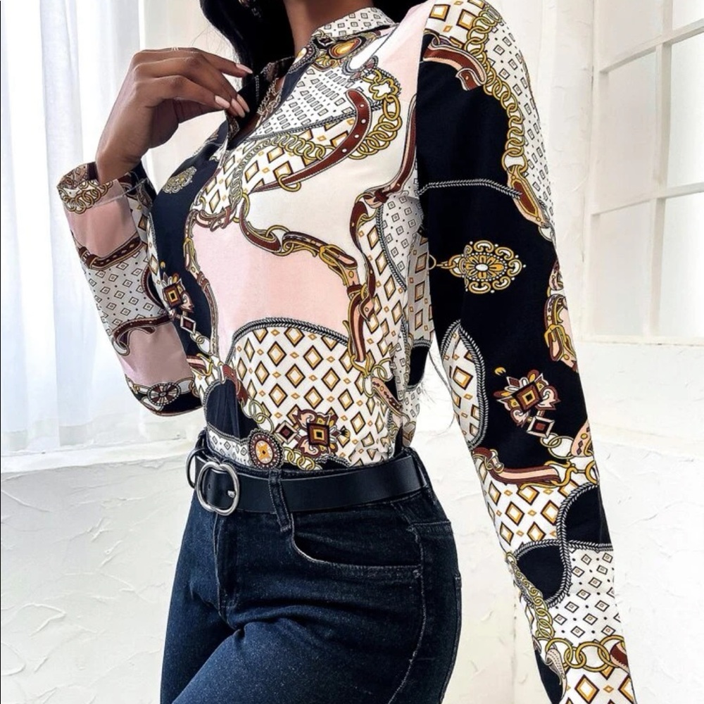 Chain Print Fitted Blouse (Large) SHEIN